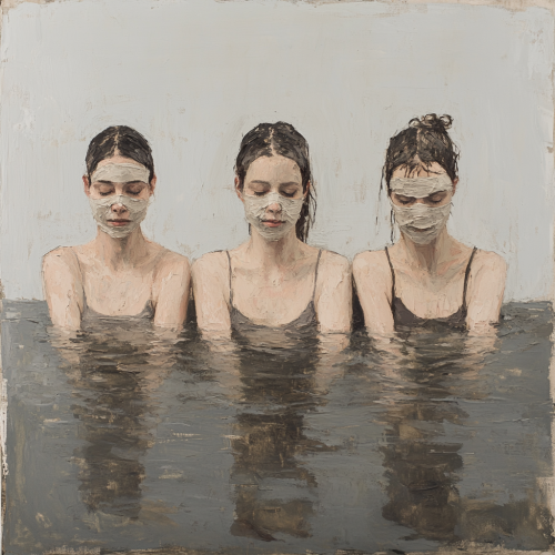 Three women in water, covered in plaster