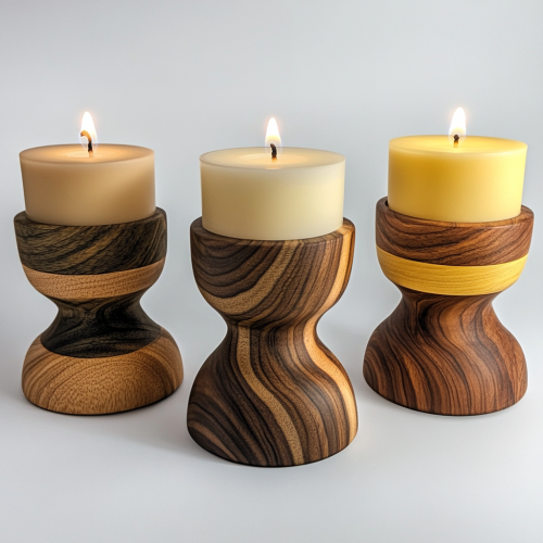 Three wood candle holder on white background.