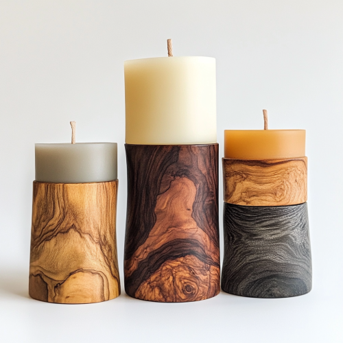 Three wooden candle holders on white background