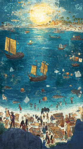 Thriving Island Trade and Fishing Network on Sea