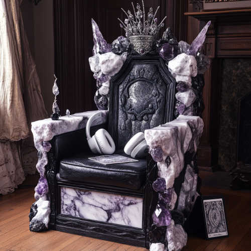 Throne chair with crown, headphones, and tarot deck.
