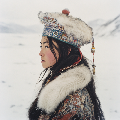 Tibetan woman in snowy landscape with fur hat