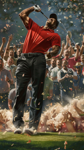 Tiger Woods nails flop shot, crowd cheers his victory. Tiger Woods nails flop shot, crowd cheers his victory.