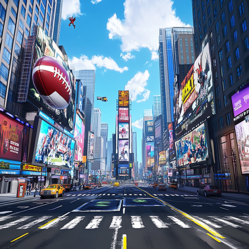 Times Square street with American football yardage markings