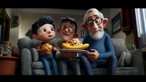 Timmy boy, camel, Grandpa eating banana split together.