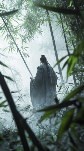 Tiny Taoist sage in misty bamboo forest.