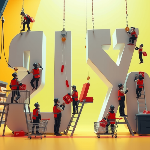 Tiny Workers Building a Giant Discount Sign