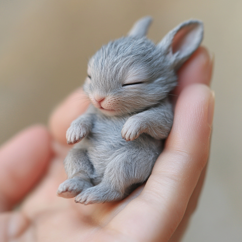 Tiny newborn rabbit on thumb - close-up photo