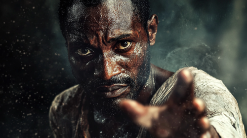 Tired African man, sweaty, worn out, God's hand.