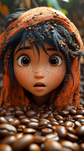 Tired Filipino girl sleeping in spilled coffee beans