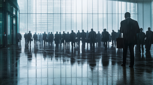 Tired workers in line outside busy meeting room