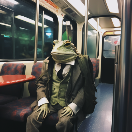 Toad wearing macintosh on bus