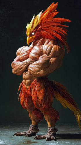 Towering figure with bodybuilder physique and small bird head.