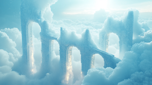 Towers connected by glowing bridges above cotton clouds.