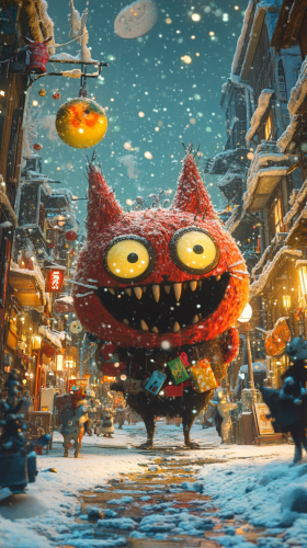 Toy Town in Snowy Christmas with Cat Monsters