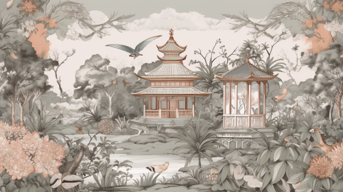 Traditional Asian scene with animals in jungle