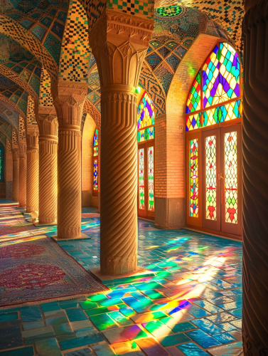 Traditional Iranian mosque courtyard, colorful patterns, Persian carvings, sunlight.