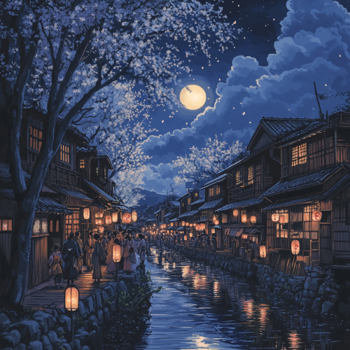 Traditional Japanese village at night with moonlight glow.