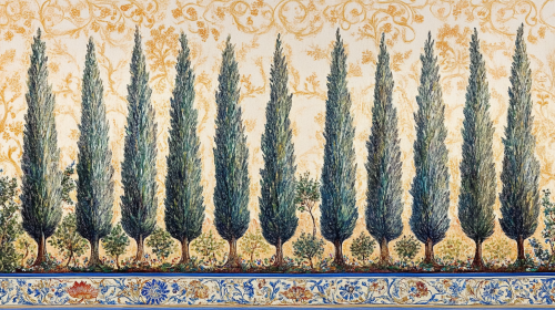 Traditional Persian painting of vibrant cypress trees