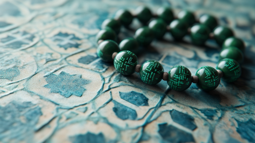 Traditional prayer beads with binary code on green beads
