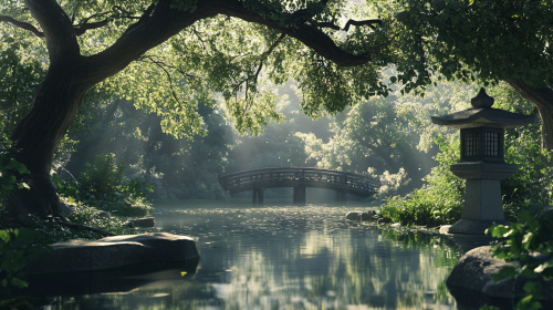 Tranquil Japanese garden pond reflects lush greenery