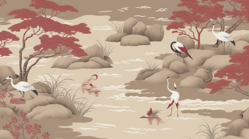 Tranquil Oriental Garden with Stones, Cranes, Water Flow