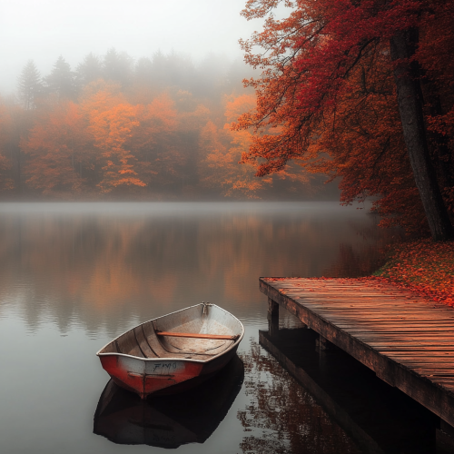 Tranquil autumn dawn at still lake with rowboat