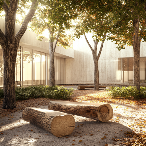 Tranquil forest corner at university with modern buildings