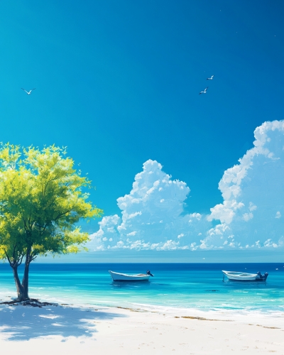 Tranquil sea view with boats, tree, and clouds.