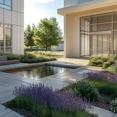 Tranquil university garden with aromatic plants and reflecting pool