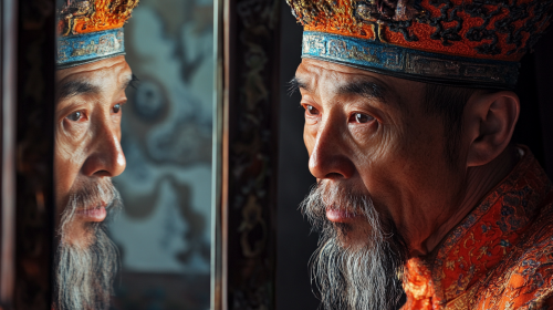 Translation: Chinese man observes himself in mirror.