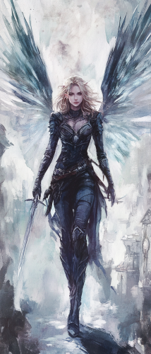 Translucent winged fey in leather armor exploring eerie city.