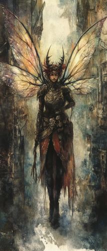 Translucent-winged tinker in eerie medieval city. Ethereal art.