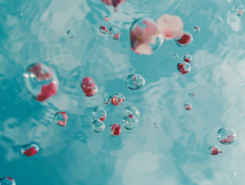 Transparent bubbles glow on soft blue background, dreamy.