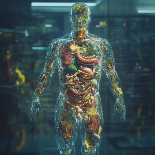 Transparent human shows digestive system made of food.