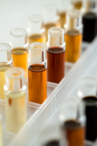 Transparent vials with dark liquid, one orange vial.