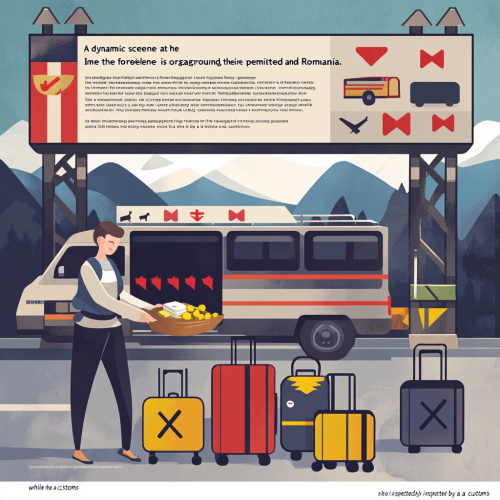 Traveler with 2 suitcases: one permitted, one inspected. Green check, red 'X' symbols. Border sign with flags, mountains, blue sky.