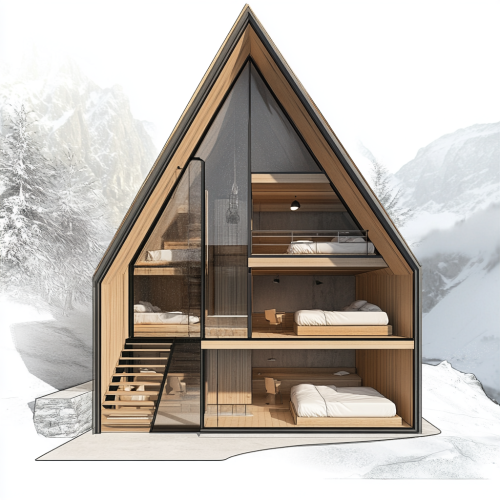 Triangle cabin nestled in mountainside with bunk bedroom view. Triangle cabin nestled in mountainside with bunk bedroom view.
