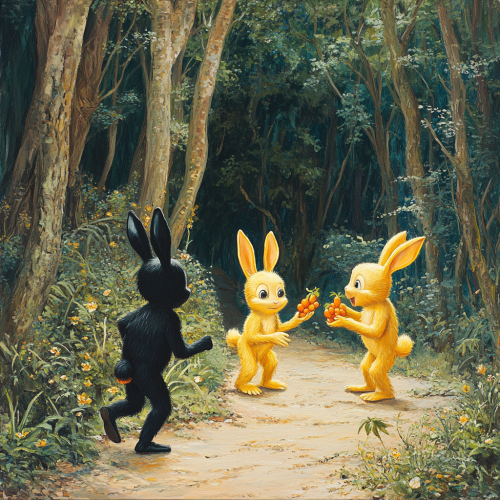 Tricked black Bunny surrounded by mischievous monkeys.