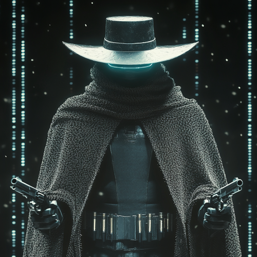 Tron cyberpunk cowboy with hat, poncho, and revolvers.