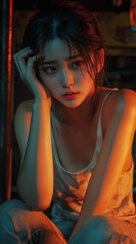 Troubled Model Influencer Cradling Head in Dim Room