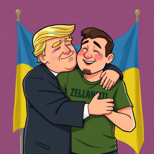 Trump hugs Zelenskyy with Ukraine flag backdrop.