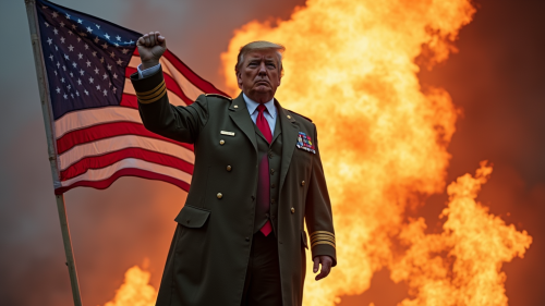 Trump in Army Uniform Emerges from Burning Canadian Flag