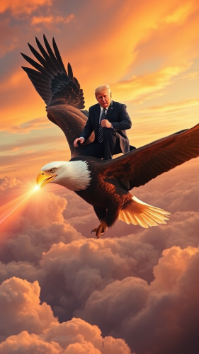 Trump on majestic eagle soaring in sunset sky. Trump on majestic eagle soaring in sunset sky.