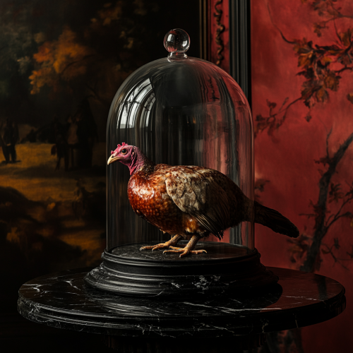 Turkey under glass dome on black table, red walls. Turkey under glass dome on black table, red walls.