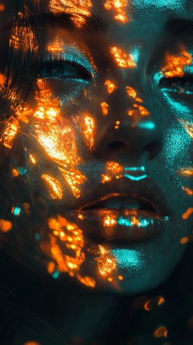 Turquoise and orange tones on woman's face, chaotic composition.