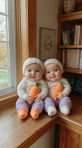 Twin babies in colorful costumes on the runway