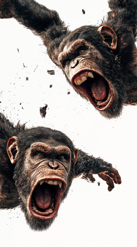 Two Angry Chimps Flying Towards Camera Together