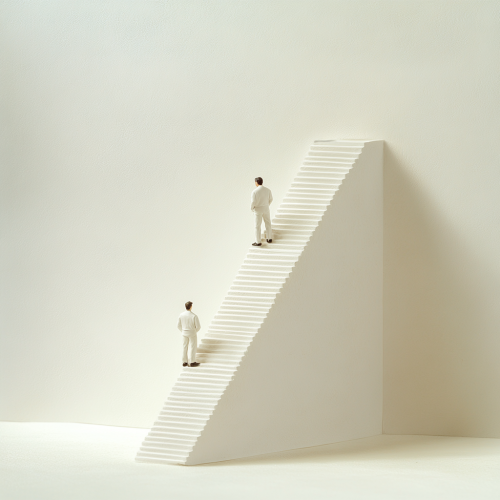 Two Business Owners on Stairs: One Hesitates, One Succeeds