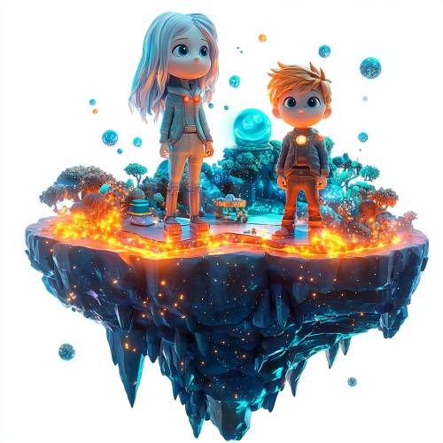 Two Children on a Pixaresque Floating Island in Space